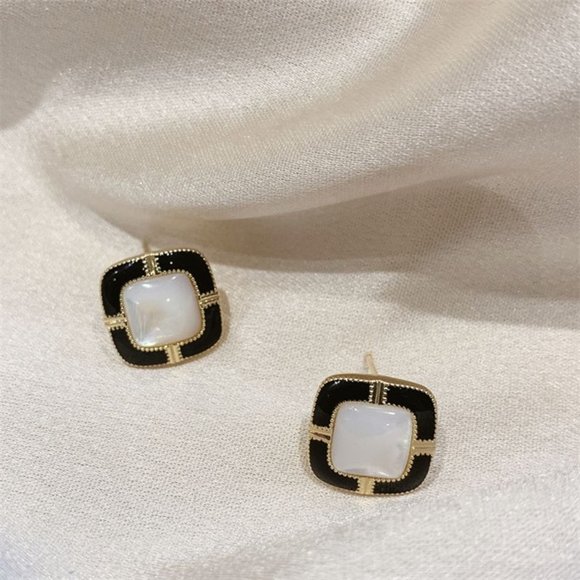 Valeria Ann Elegant Composure Square Stud Earrings Black Cream Gold Gift Boxed - Picture 2 of 8
